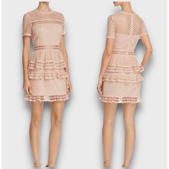 AQUA BODYCON KNIT YOLK LACE EYELET TIER MINI DRESS MEDIUM BLUSH PINK - Picture 2 of 14